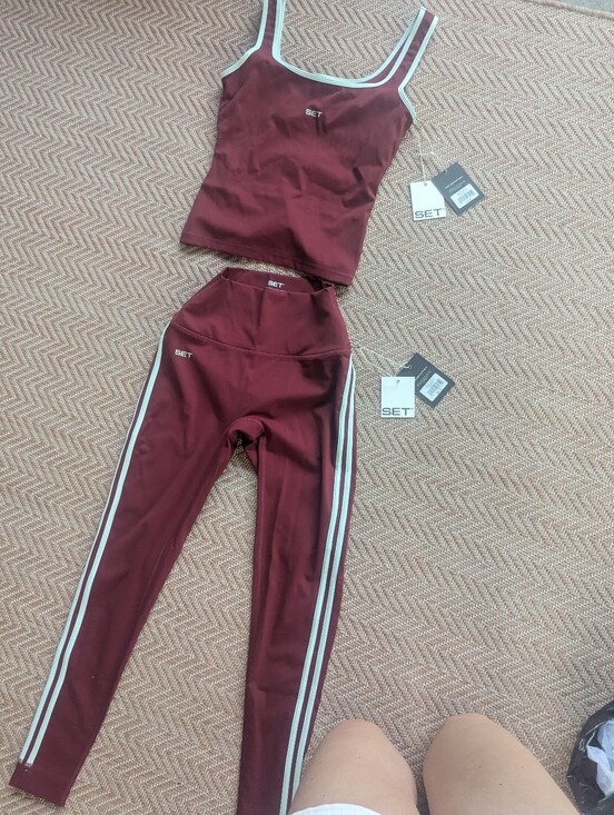 SET Active Pants - SET Active Burgundy High-Waist Leggings & Matching Tank with White Trim